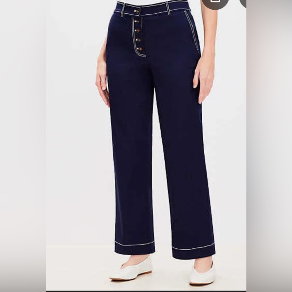 LOFT navy blue wide leg pants.Button front. Accent white stitching.Size 14Mcurvy